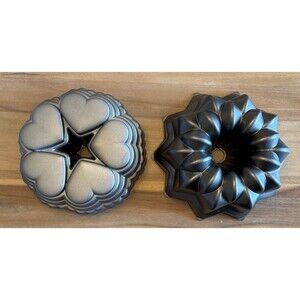 Lot of 2 Bundt Cake Pans Wilton Hearts Nordic Ware Geometric Non-Stick Aluminum